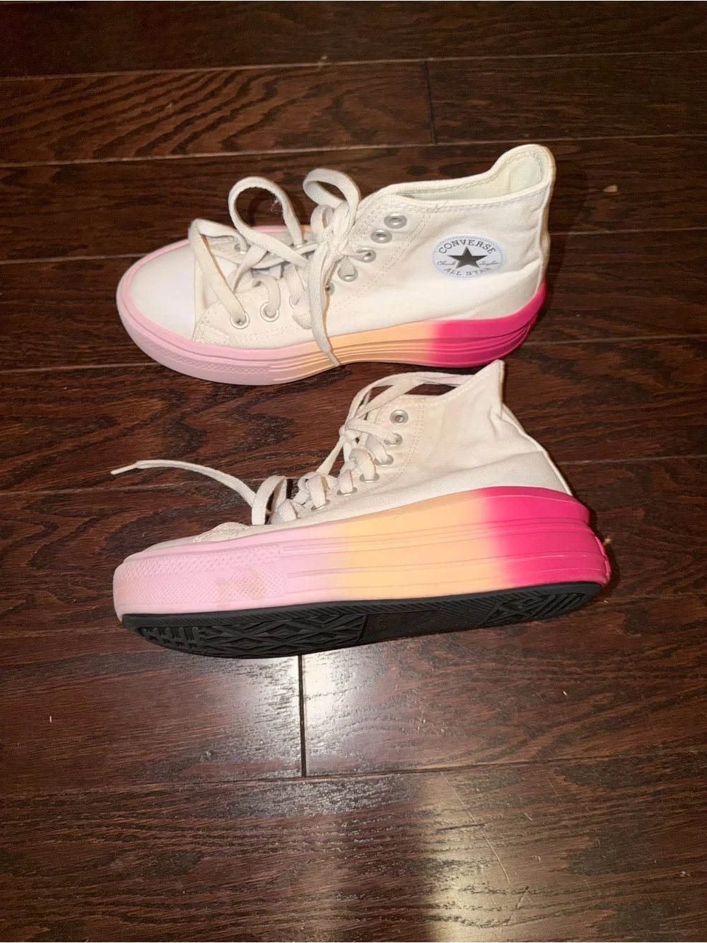 Girls Converse High Top Platform Sneakers in White with Pink and Orange Sole